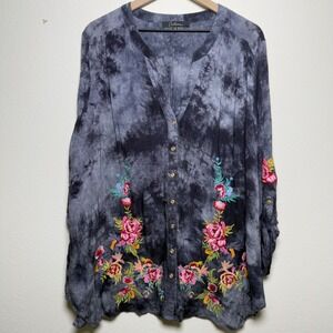 Caleesa Women Tunic Button Up Top 2X Tie Dye Embroidered Long Sleeve Artsy Flora